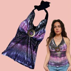 Y2K Metallic Halter Top – Shiny Mesh with Gold Ring Detail